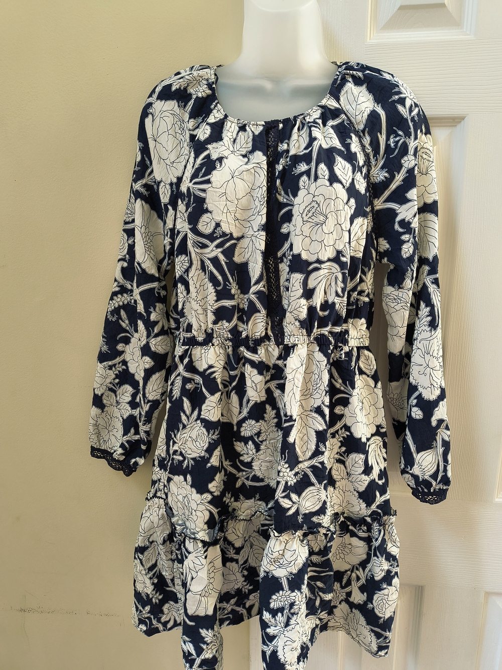 Navy & White Floral Long-Sleeve Kids Dress